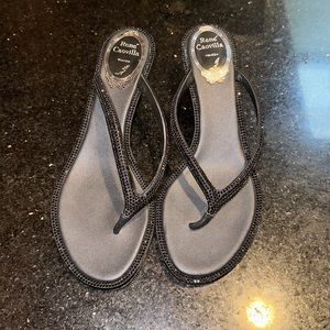 René Caovilla Black Glitter Low Wedge